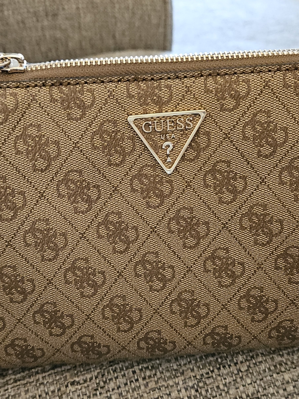 Guess Beige Monogram Crossbody with Front Zip Pocket